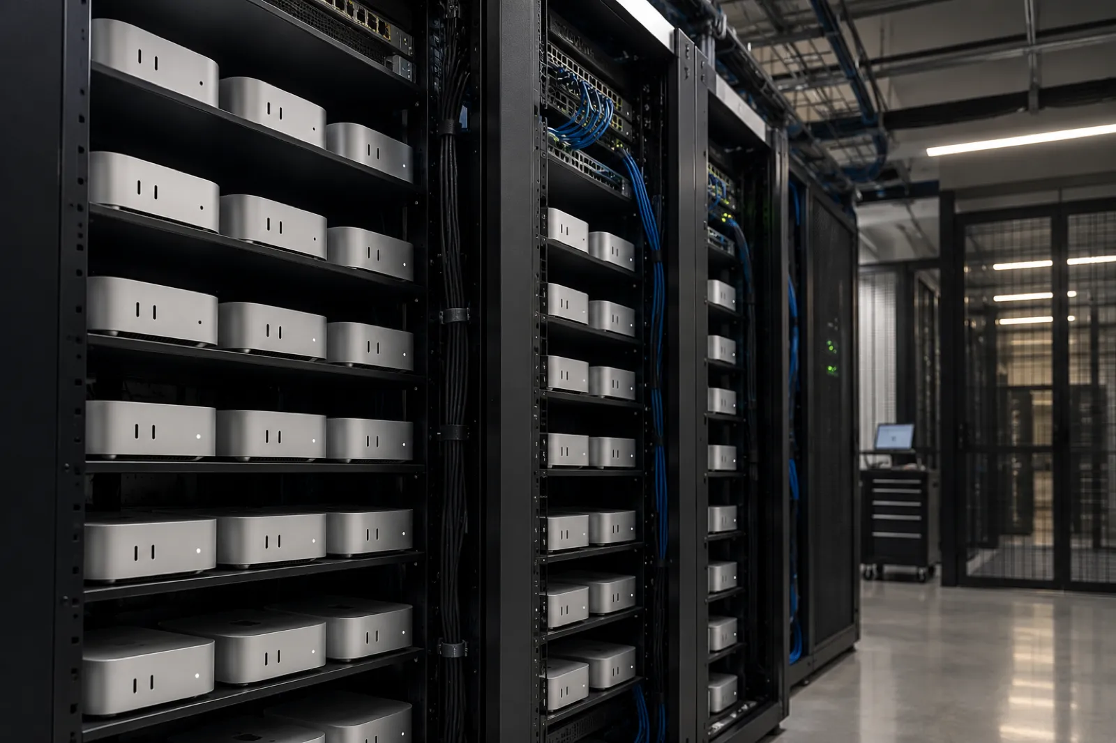 Mac minis mounted in data centre racks